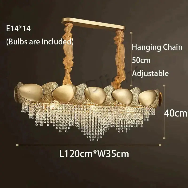 Decorbites gold crystal LED chandelier with petal frame and crystal strands, E14 bulbs included on Tampa Home & Garden Store