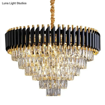 Black crystal tiered chandelier by Decorbites; gold accents with cascading prisms on Tampa Home & Garden Store