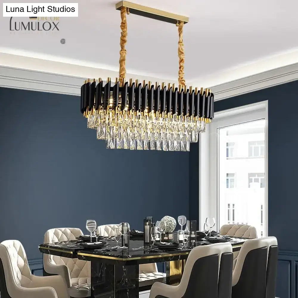 Black crystal tiered chandelier by Decorbites with gold accents and crystal prisms on Tampa Home & Garden Store