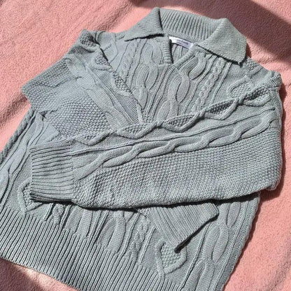 Stevvex luxury knit sweater blue-gray cable-knit with turn-down collar relaxed fit on Tampa Home & Garden Store