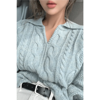 Stevvex light blue cable-knit sweater with turn-down collar and relaxed fit on Tampa Home & Garden Store