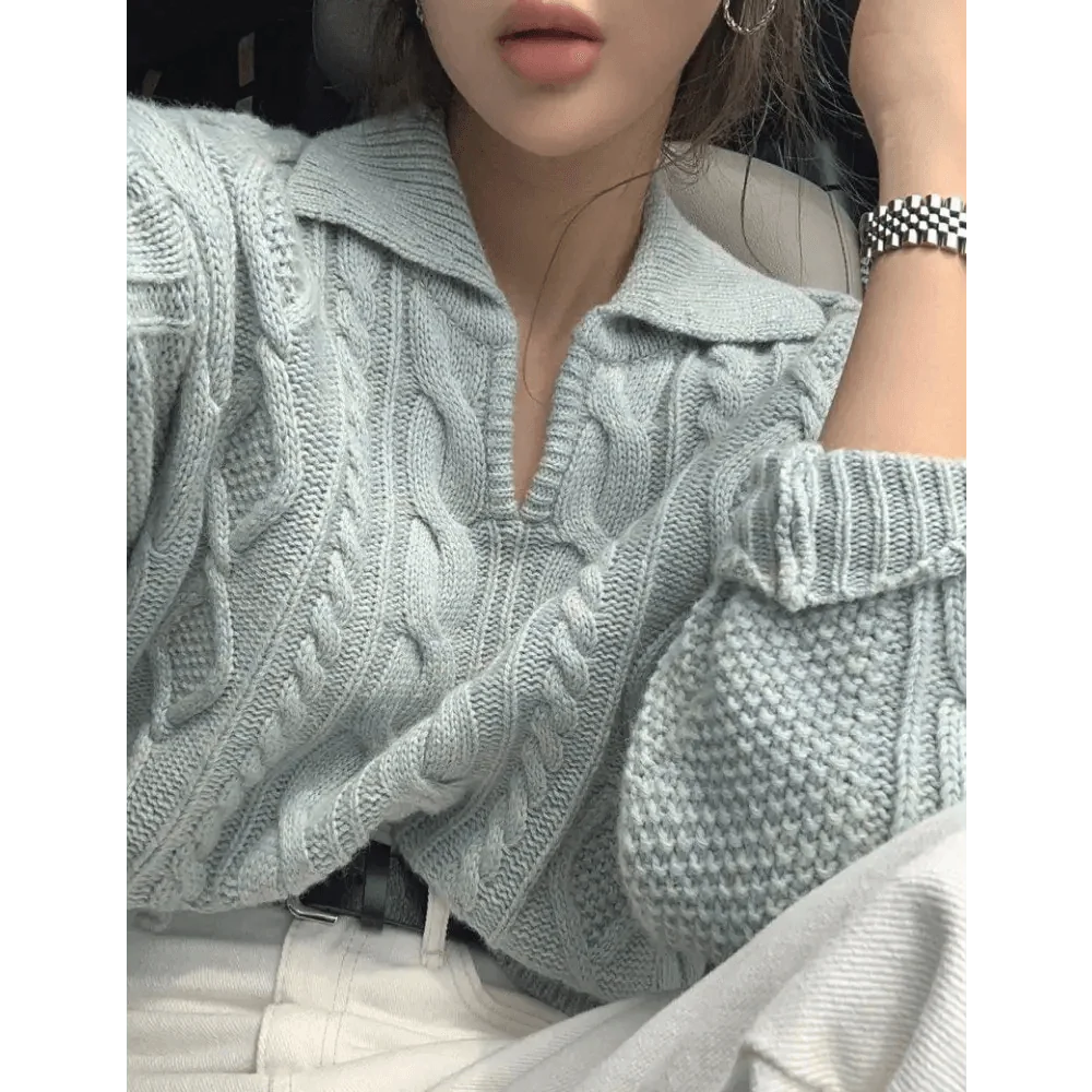 Stevvex women's light gray cable-knit sweater with turn-down collar, loose-fit pullover on Tampa Home & Garden Store