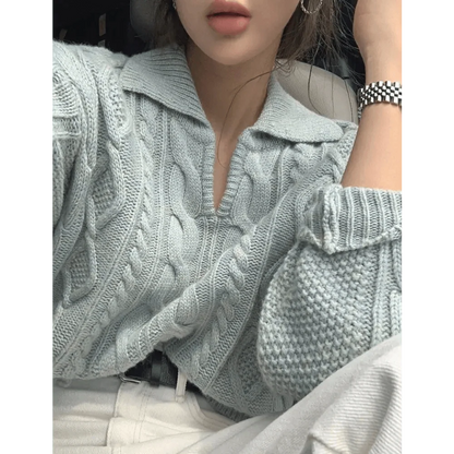 Stevvex women's light gray cable-knit sweater with turn-down collar, loose-fit pullover on Tampa Home & Garden Store
