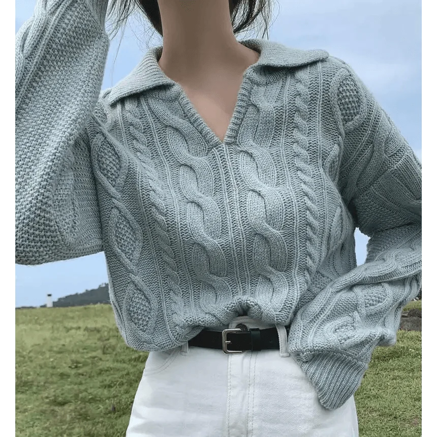 Stevvex womens cable-knit sweater with turn-down collar, light blue gray, oversized fit on Tampa Home & Garden Store