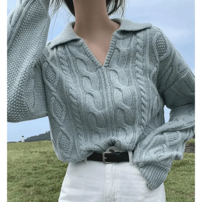 Stevvex womens cable-knit sweater with turn-down collar, light blue gray, oversized fit on Tampa Home & Garden Store