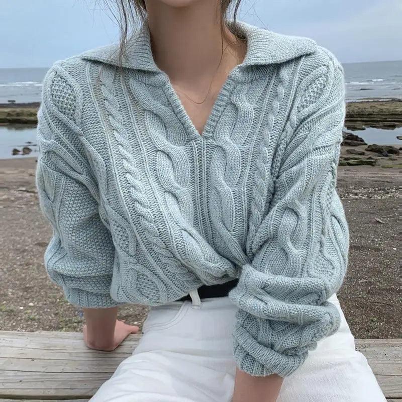 Cable-knit sweater in light blue with turn-down collar, oversized relaxed fit by the sea on Tampa Home & Garden Store