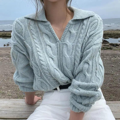 Cable-knit sweater in light blue with turn-down collar, oversized relaxed fit by the sea on Tampa Home & Garden Store