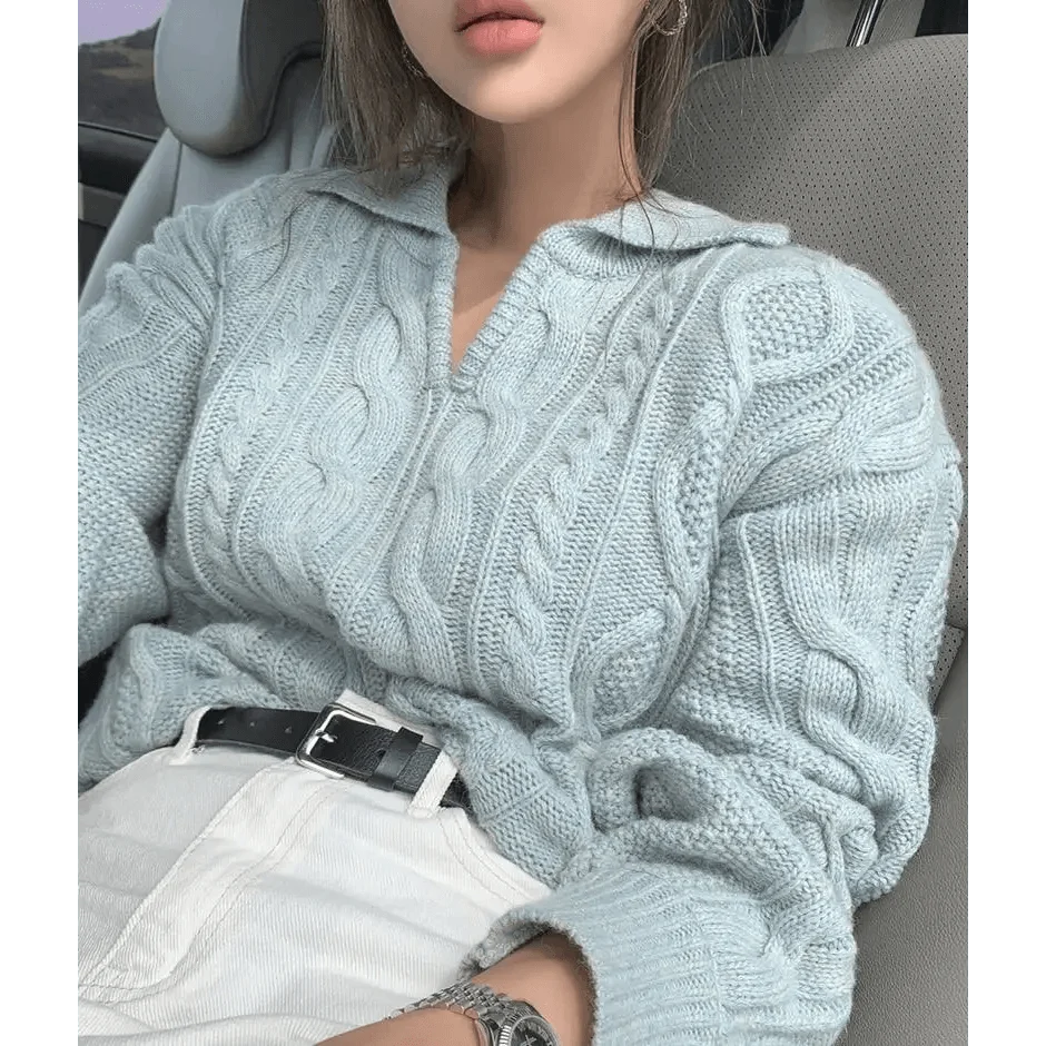 Stevvex women's light blue cable-knit sweater with a loose fit and turn-down collar on Tampa Home & Garden Store