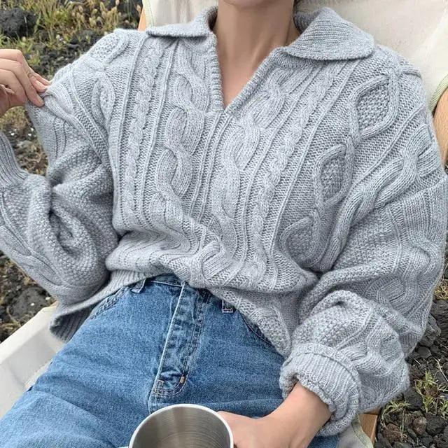 Stevvex grey cable-knit sweater with turn-down collar, loose fit on Tampa Home & Garden Store