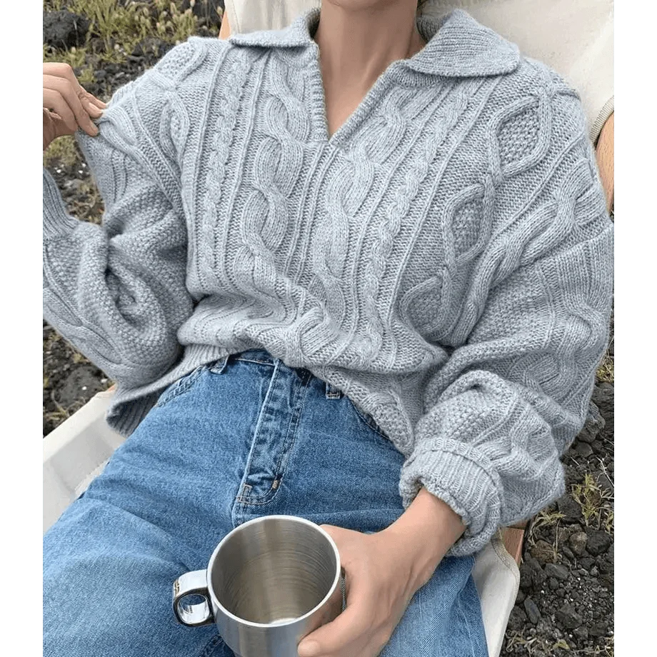 Cable-knit gray sweater by Stevvex with turn-down collar and oversized fit on Tampa Home & Garden Store