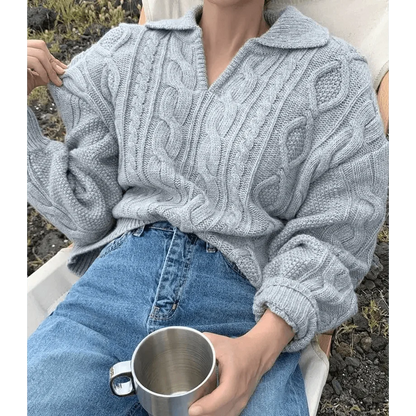 Cable-knit gray sweater by Stevvex with turn-down collar and oversized fit on Tampa Home & Garden Store