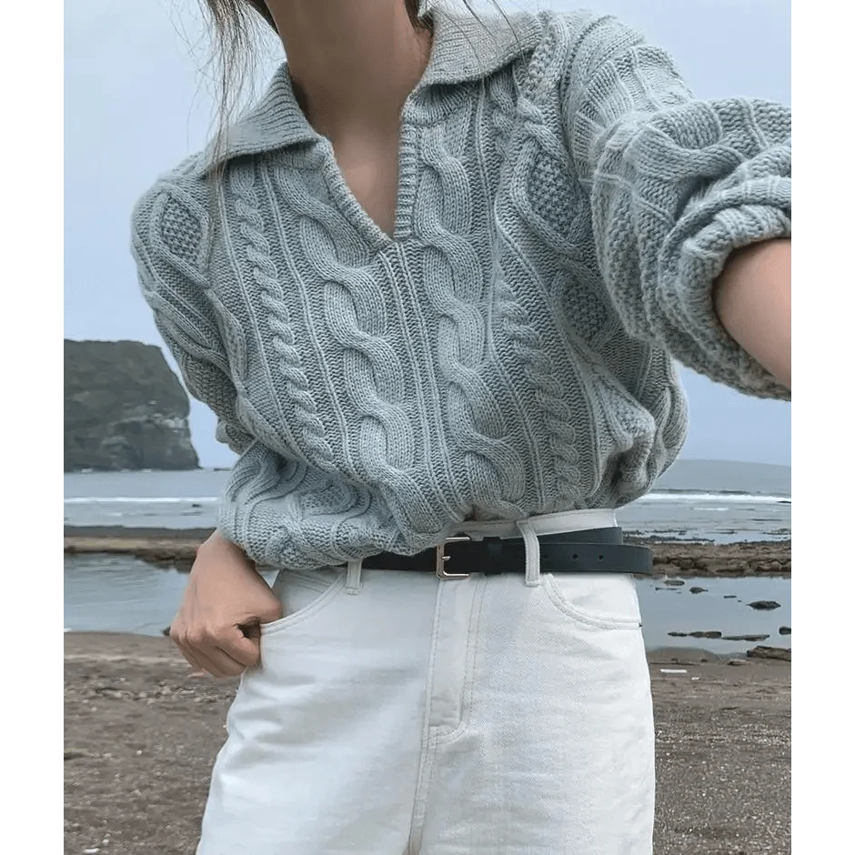 Stevvex grey cable-knit luxury kitty retro women sweater with turn-down collar, loose fit on Tampa Home & Garden Store