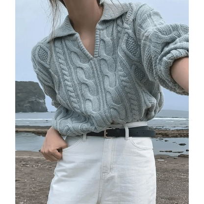 Stevvex grey cable-knit luxury kitty retro women sweater with turn-down collar, loose fit on Tampa Home & Garden Store