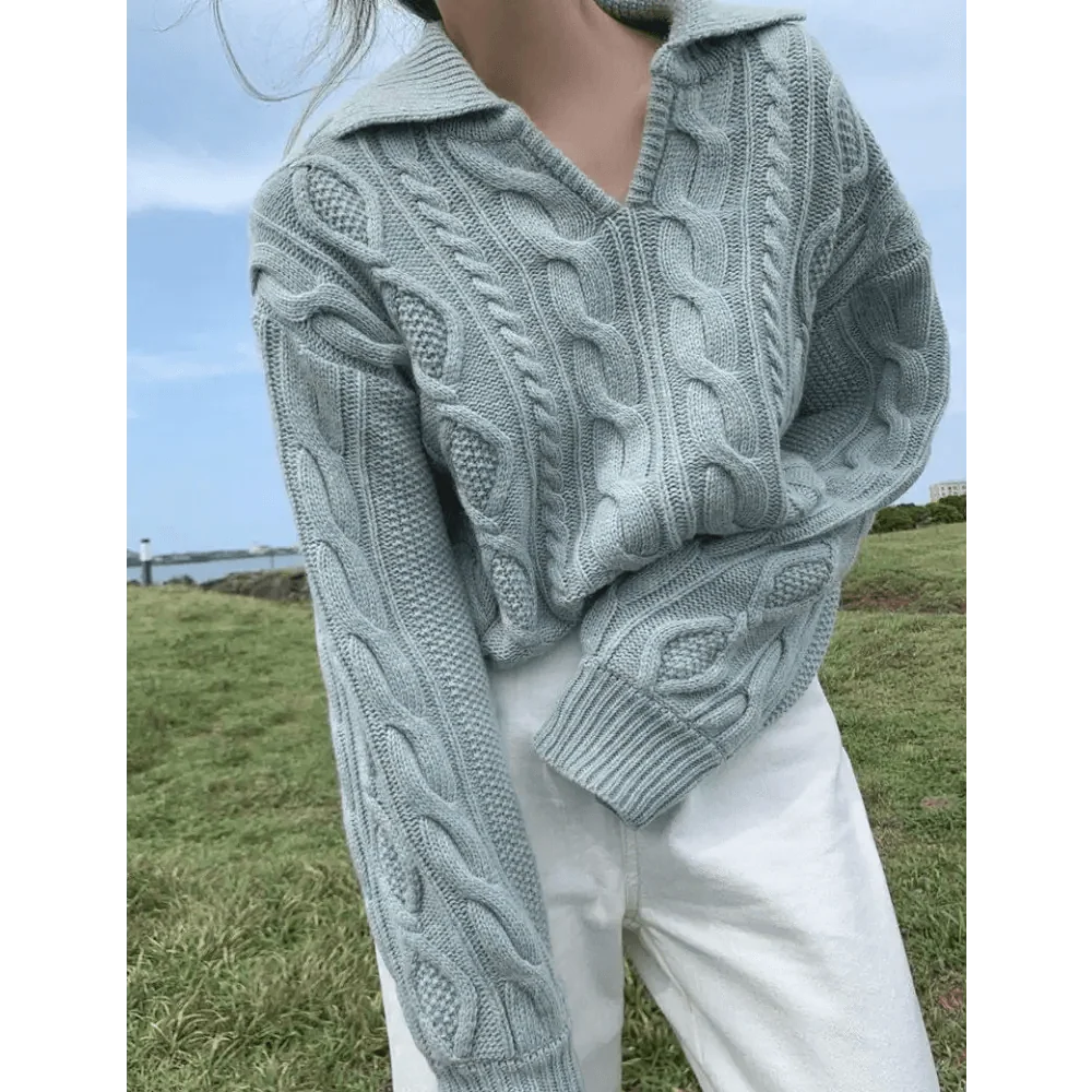 Stevvex luxury kitty retro women sweater with pale blue gray cableknit turn-down collar loosefit on Tampa Home & Garden Store
