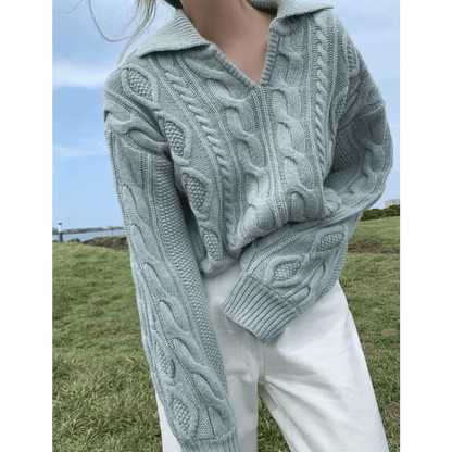 Stevvex luxury kitty retro women sweater with pale blue gray cableknit turn-down collar loosefit on Tampa Home & Garden Store