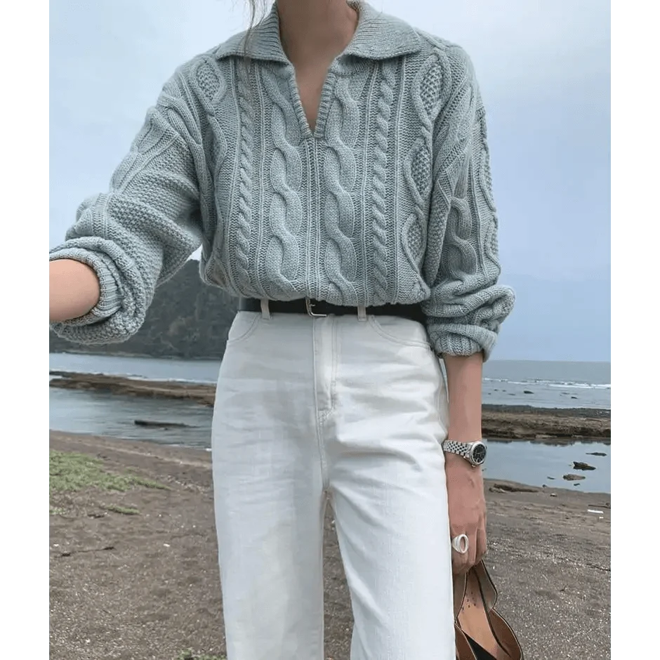 Luxury Kitty Retro Women Sweater gray cable-knit with turn-down collar, loose fit on Tampa Home & Garden Store