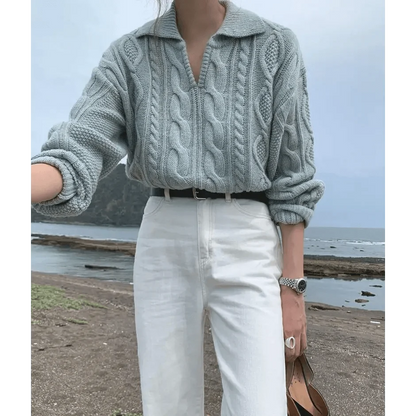 Luxury Kitty Retro Women Sweater gray cable-knit with turn-down collar, loose fit on Tampa Home & Garden Store