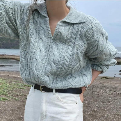 Stevvex luxury retro women's cable-knit sweater with turn-down collar in gray, loose fit on Tampa Home & Garden Store