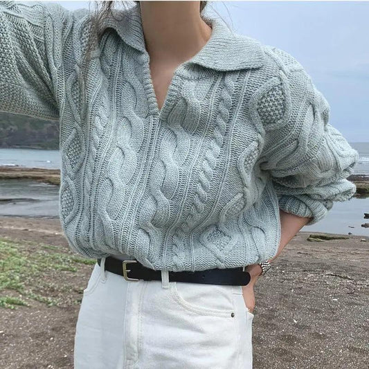 Stevvex luxury retro women's cable-knit sweater with turn-down collar in gray, loose fit on Tampa Home & Garden Store