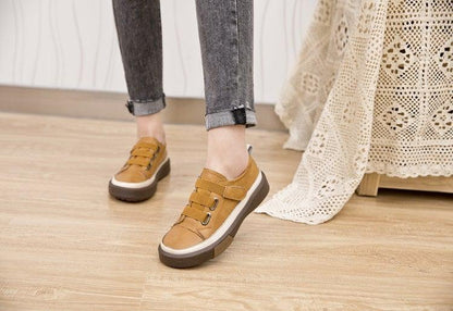 Stevvex tan leather women's sneakers with Velcro straps, casual walking shoes pair on Tampa Home & Garden Store