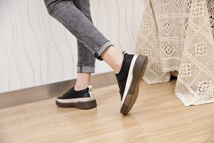 Stevvex leather women's sneakers pair black casual walking flats with white sole brown outsole on Tampa Home & Garden Store