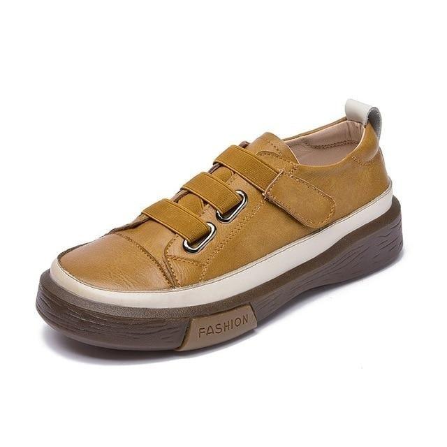 Stevvex tan leather womens sneakers with strap closures and a chunky sole on Tampa Home & Garden Store