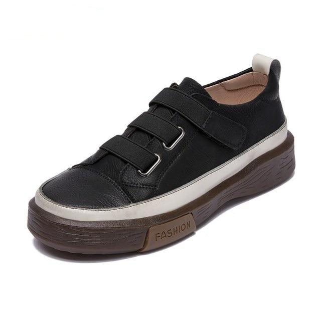 Sneakers Stevvex black leather women's with triple Velcro straps and chunky platform sole on Tampa Home & Garden Store