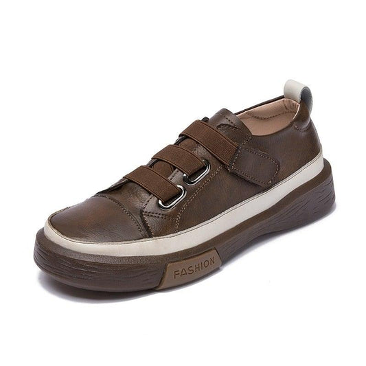 Brown leather sneakers with three Velcro straps, white midsole, casual fashion walking shoes on Tampa Home & Garden Store