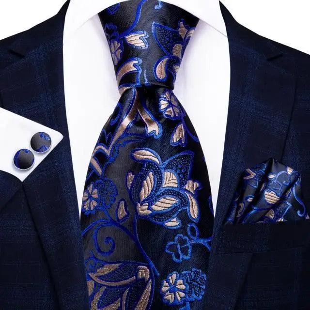 Stevvex navy blue silk necktie and matching pocket square set in floral pattern on Tampa Home & Garden Store
