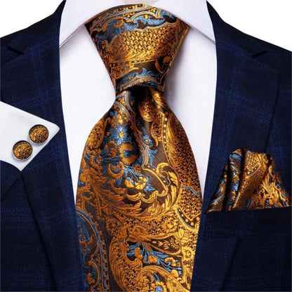 Silk necktie set with gold blue paisley print, matching pocket square and cufflinks by Stevvex on Tampa Home & Garden Store