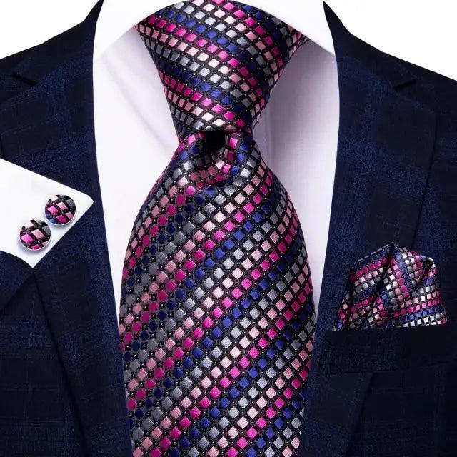 Silk necktie 3-piece set with pocket square and cufflinks by Stevvex in pink purple grid on Tampa Home & Garden Store