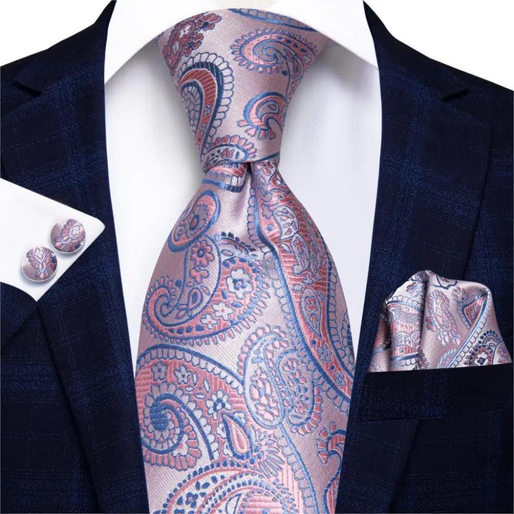 Silk necktie with pink paisley pattern, matching pocket square and cufflinks set by Stevvex on Tampa Home & Garden Store