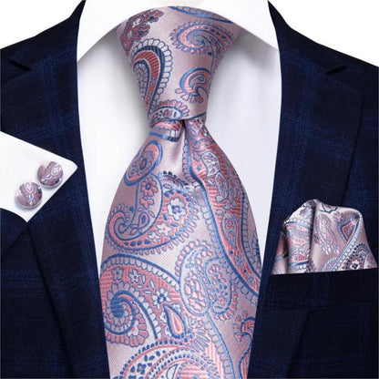 Silk necktie with pink paisley pattern, matching pocket square and cufflinks set by Stevvex on Tampa Home & Garden Store