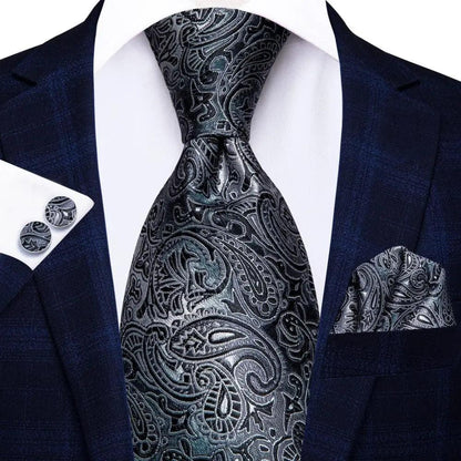 Silk paisley necktie set with cufflinks and pocket square Stevvex on navy suit on Tampa Home & Garden Store