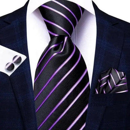 Stevvex silk necktie with purple stripes, matching pocket square and cufflinks set on Tampa Home & Garden Store