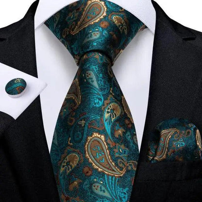 Stevvex teal paisley silk necktie with matching pocket square and cufflinks set on Tampa Home & Garden Store