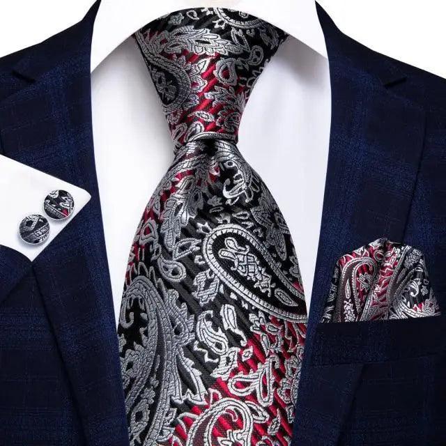 Stevvex silk necktie set with matching pocket square and cufflinks in silver gray paisley on Tampa Home & Garden Store