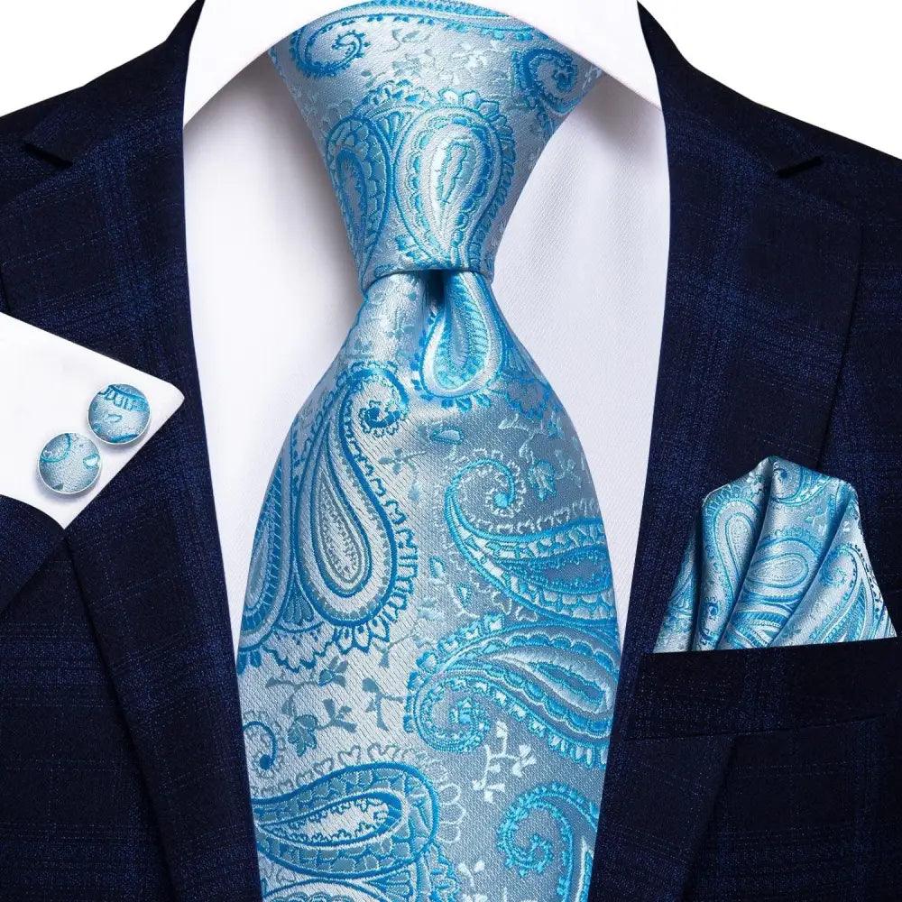 Stevvex blue paisley silk necktie with matching pocket square and cufflinks set on Tampa Home & Garden Store