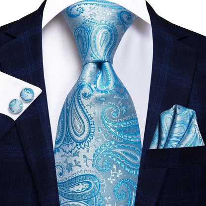 Stevvex blue paisley silk necktie with matching pocket square and cufflinks set on Tampa Home & Garden Store