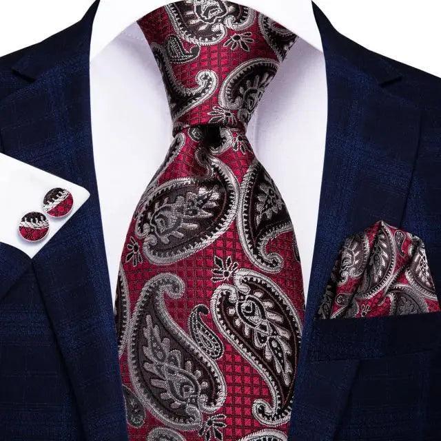 Luxury Silk Necktie Pocket Square Cufflinks Set burgundy paisley by Stevvex on Tampa Home & Garden Store