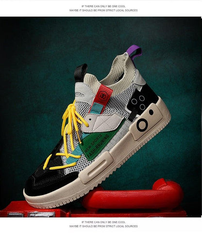 Stevvex luxury mens sneakers with multi-color panels, yellow laces and beige sole on Tampa Home & Garden Store