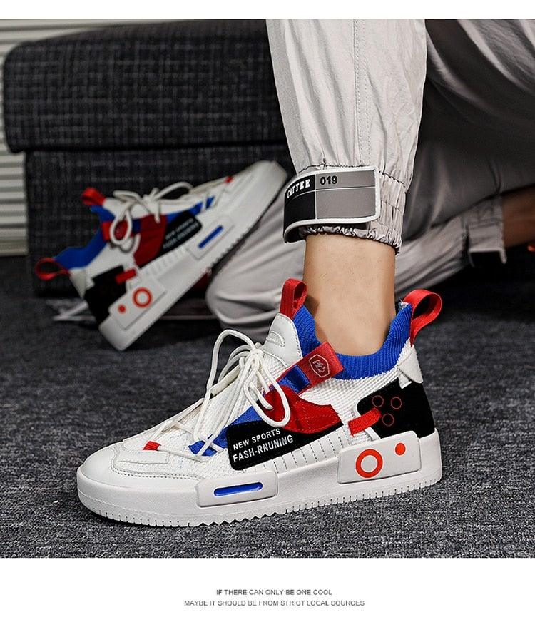 Stevvex men's sneakers color-block white red blue, lace-up athletic casual shoes pair on Tampa Home & Garden Store