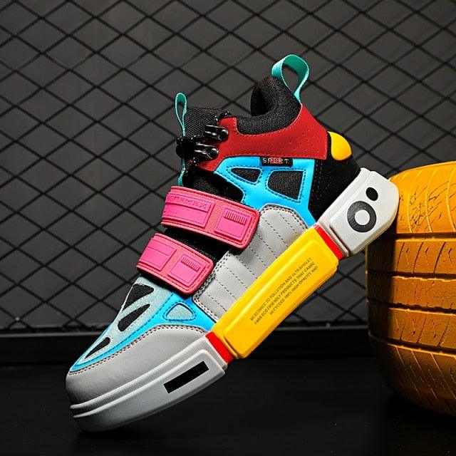 Stevvex colorblock mens sneakers pink Velcro straps teal accents yellow sole on Tampa Home & Garden Store