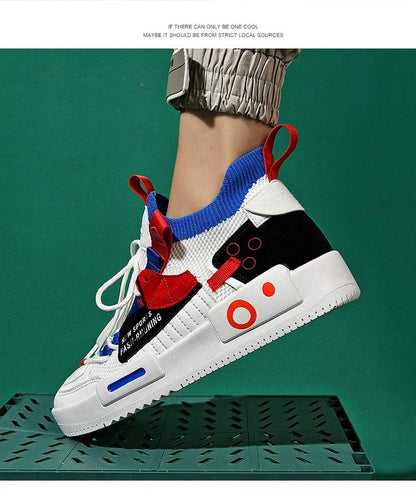 Stevvex men's sneakers knit upper blue collar red pull tabs black heel panel orange accents on Tampa Home & Garden Store