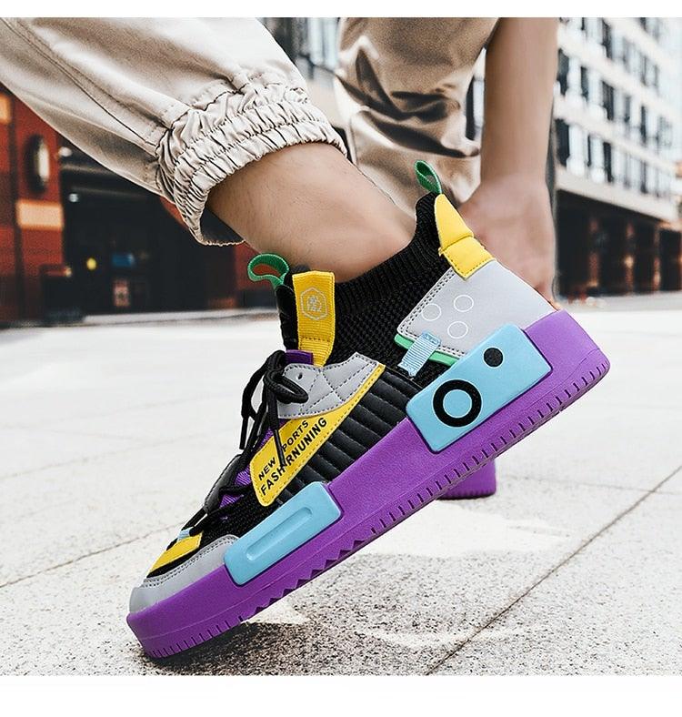 Stevvex sneakers black knit upper with purple sole and multicolor panel accents on Tampa Home & Garden Store