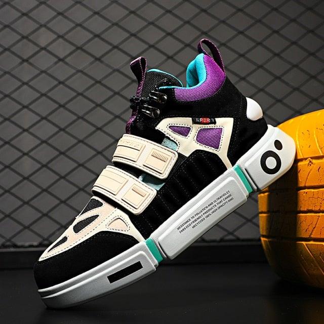 Stevvex sneakers black with beige panels and purple lining, Velcro straps on Tampa Home & Garden Store