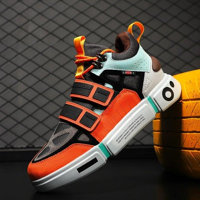 Stevvex luxury men's sneakers with orange-teal color block, dual Velcro straps, breathable mesh on Tampa Home & Garden Store