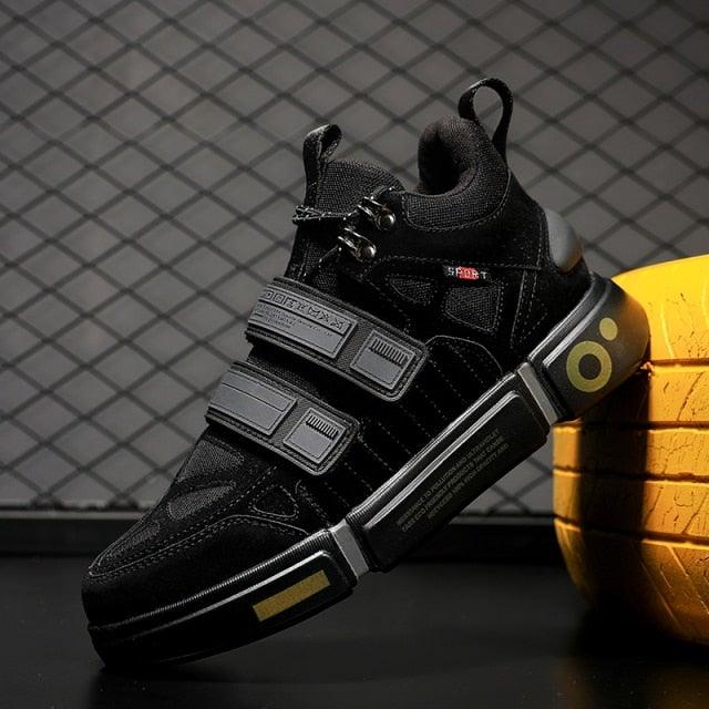 Stevvex mens sneakers black upper with dual velcro straps and chunky sole athletic trainer on Tampa Home & Garden Store