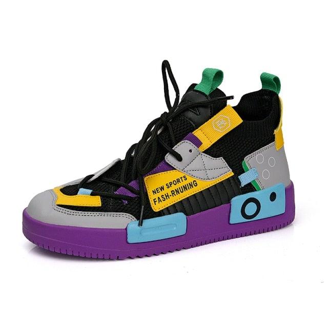 Stevvex men's sneakers, multi-color breathable upper with purple sole and yellow accents on Tampa Home & Garden Store