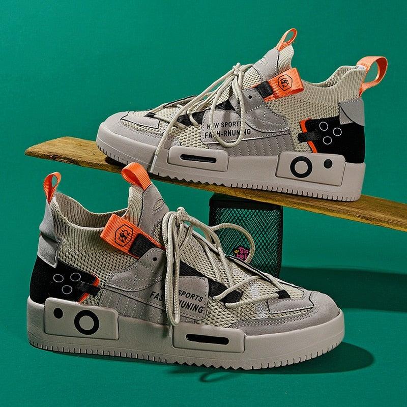 Stevvex sneakers, two grey knit uppers with orange accents, breathable casual trainers on Tampa Home & Garden Store